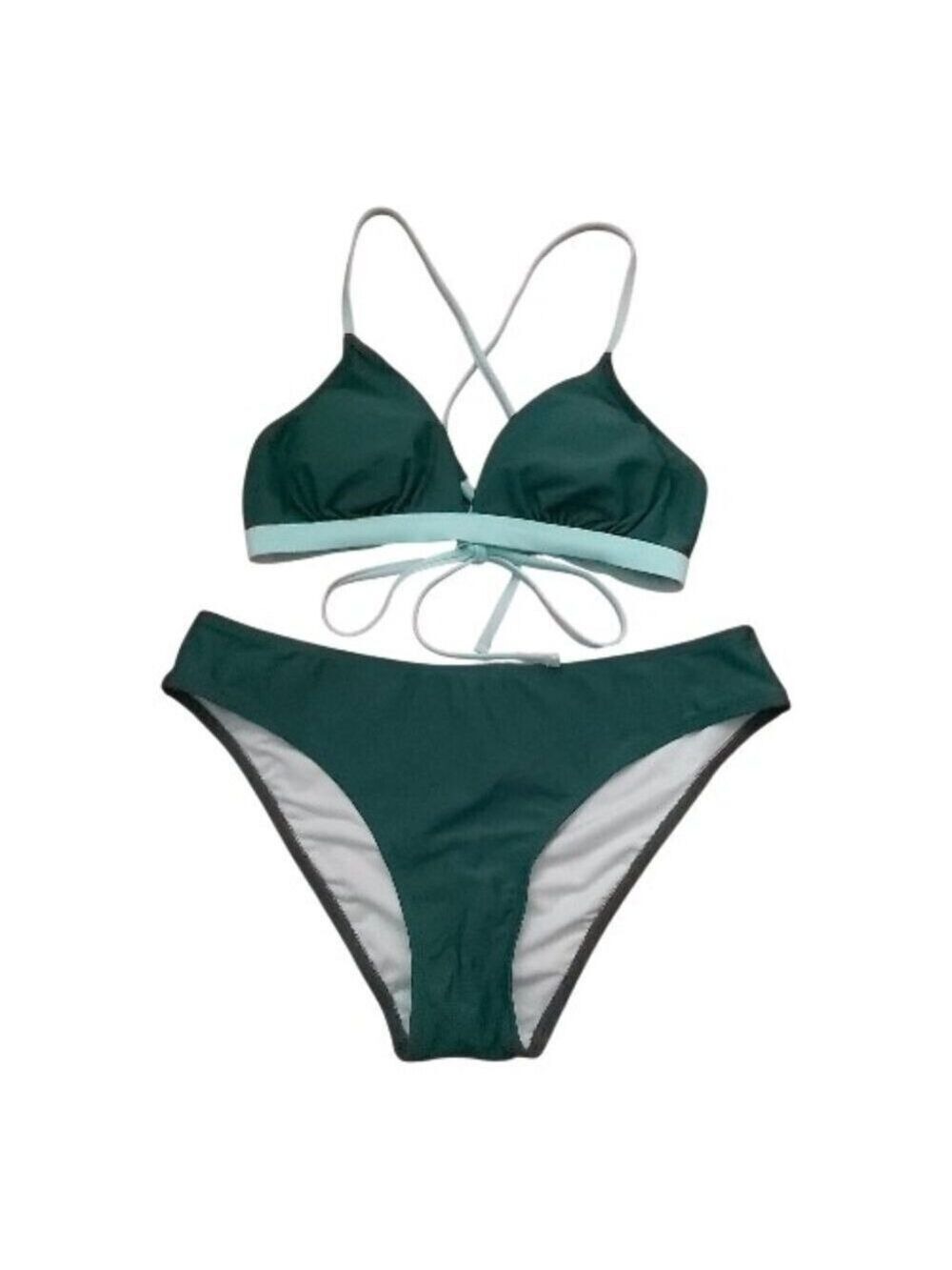 CUPSHE Green 2-Piece Bikini Set Medium High Waist Bottom Tie Back Closure